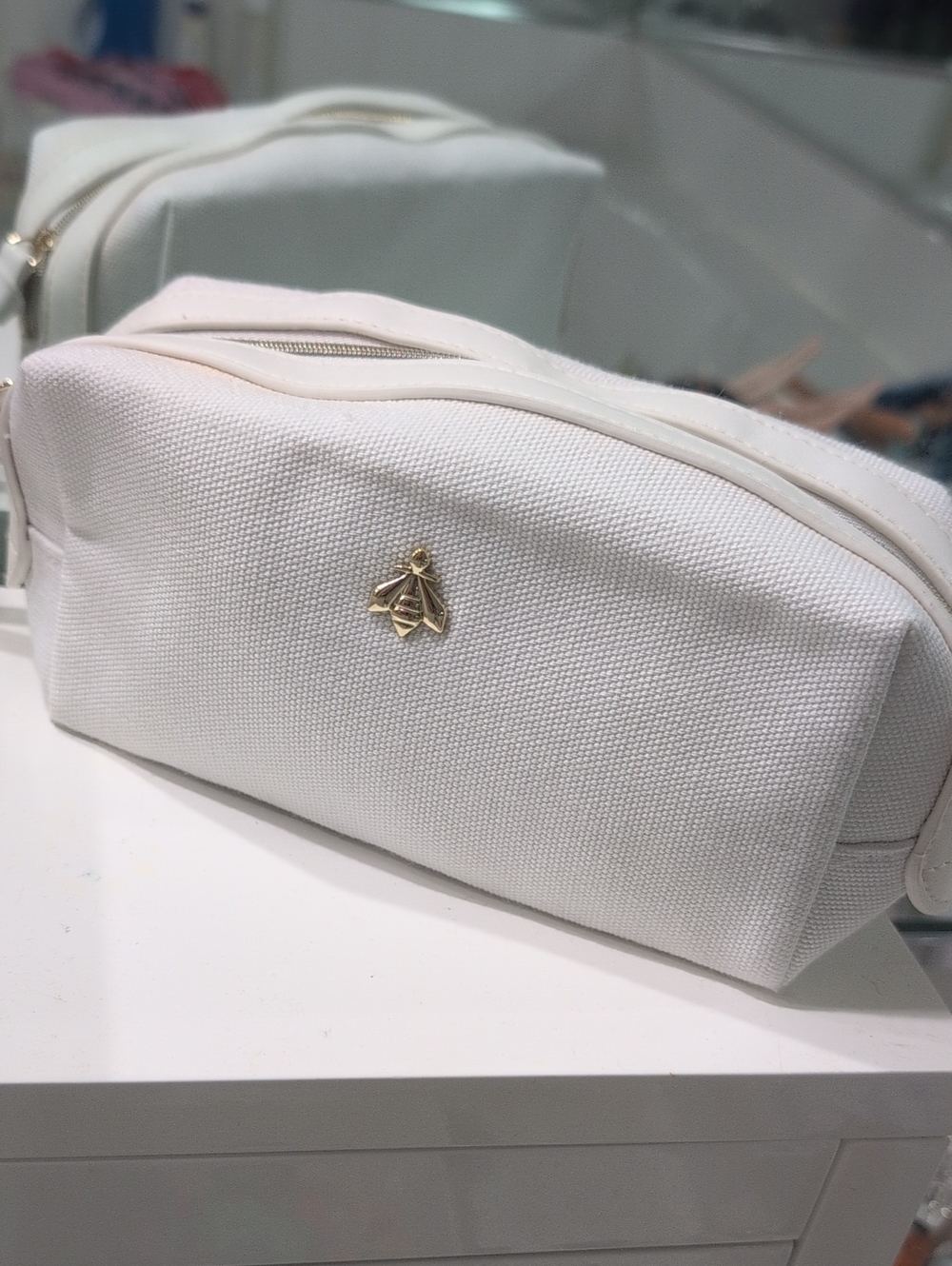 GUERLAIN White Canvas Cosmetic Case with Gold Bee Accent